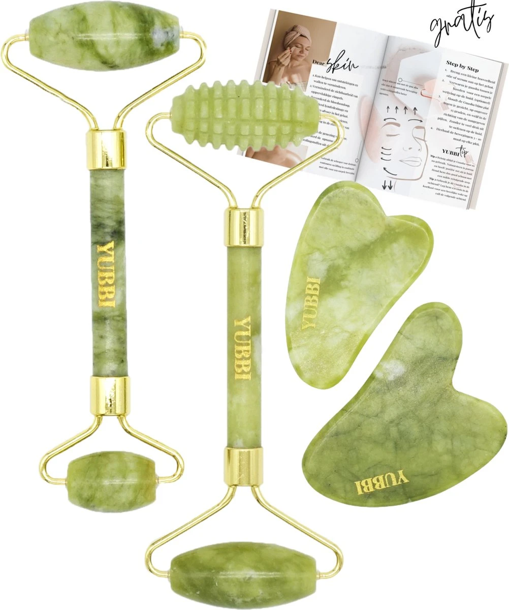 YUBBI™ Jade Gua Sha Set - Groene Jade Gezichtsroller - Schraper - Gezichtsverzorging - 4 Stuks - Inclusief Instructies 1 YUBBI™ Jade Gua Sha Set - Groene Jade Gezichtsroller - Schraper - Gezichtsverzorging - 4 Stuks - Inclusief Instructies