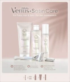 Giftpack Venus Satin Care - Scheersysteem + 2 Navulmesjes + 2-in-1 Reiniger + Scheergel 190ml + Exfoliant 177ml + Verzachtend Serum 50ml -Verzorgingsvoordeel Huis 1022x1200