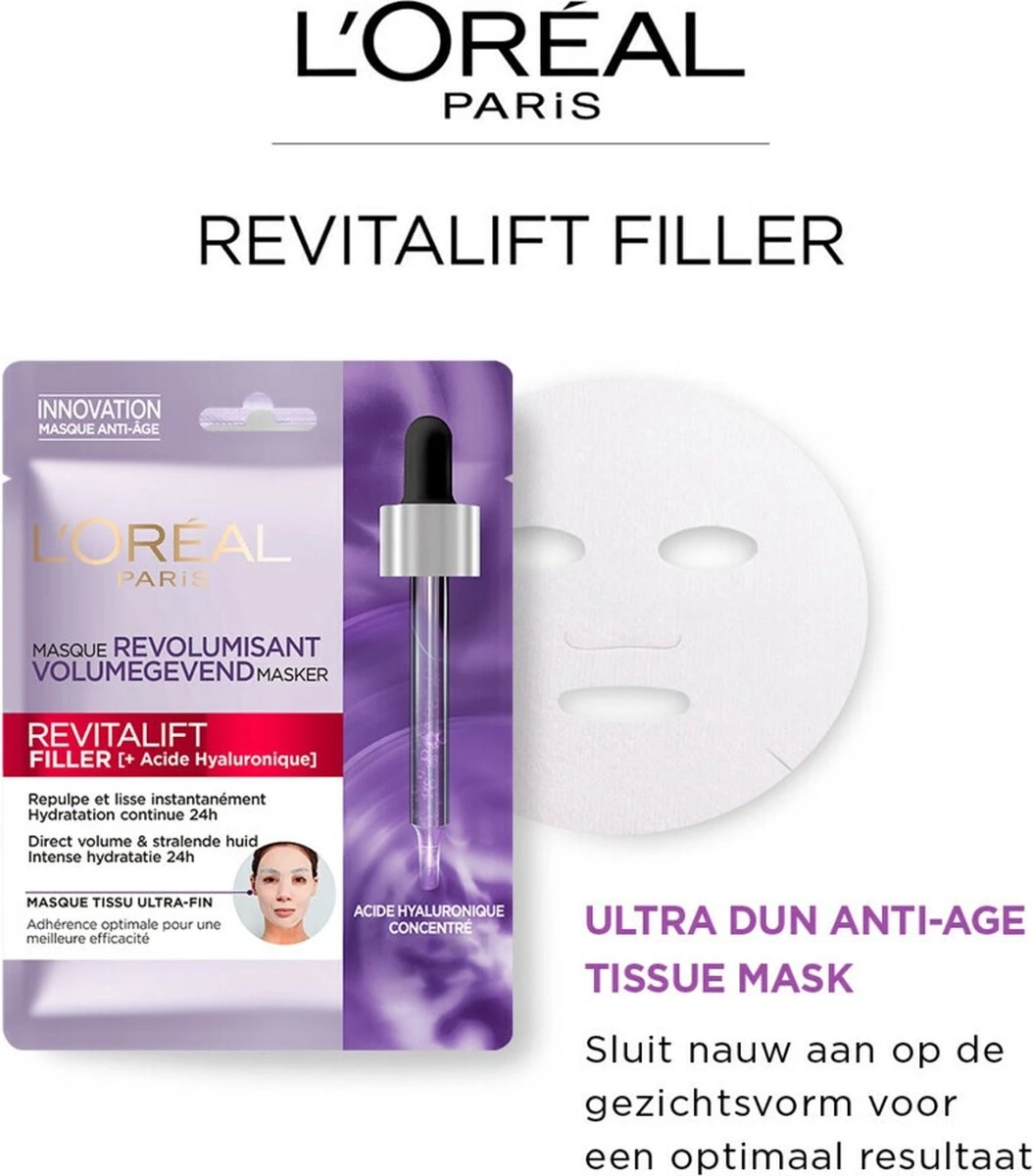 L’Oréal Paris - Revitalift Filler Hyaluronzuur Tissue Gezichtsmasker - 5 Stuks - Voordeelverpakking 4 L’Oréal Paris - Revitalift Filler Hyaluronzuur Tissue Gezichtsmasker - 5 Stuks - Voordeelverpakking - Afbeelding 4