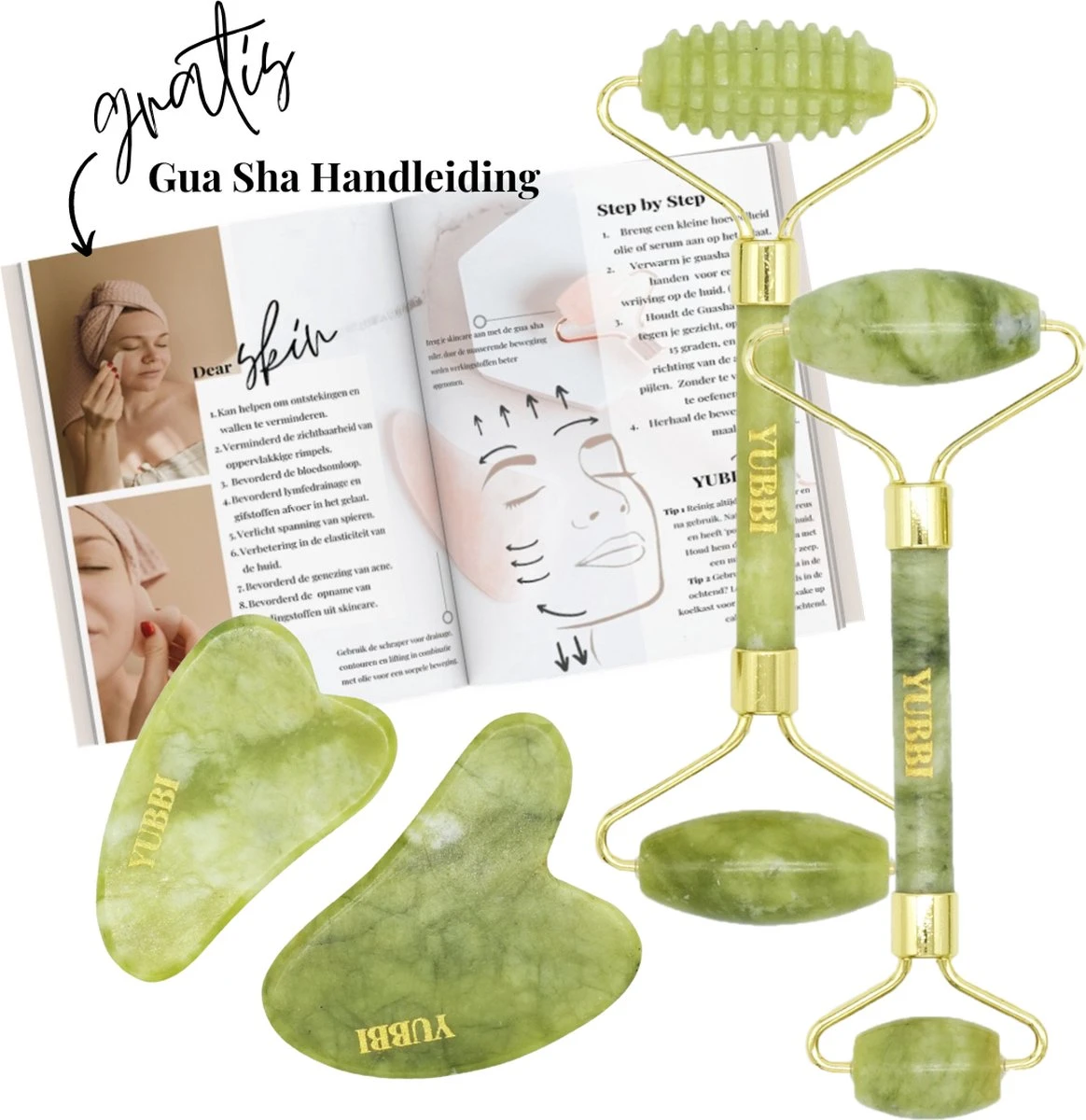 YUBBI™ Jade Gua Sha Set - Groene Jade Gezichtsroller - Schraper - Gezichtsverzorging - 4 Stuks - Inclusief Instructies 7 YUBBI™ Jade Gua Sha Set - Groene Jade Gezichtsroller - Schraper - Gezichtsverzorging - 4 Stuks - Inclusief Instructies - Afbeelding 7