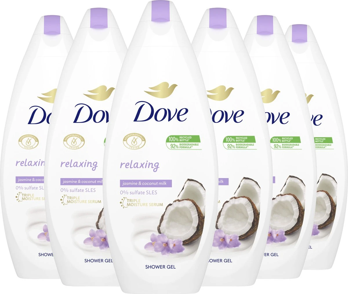 Dove Kokosmelk & Jasmijnblaadjes Relaxing Douchegel - Voordeelverpakking - 6 X 250 Ml 2 Dove Kokosmelk & Jasmijnblaadjes Relaxing Douchegel - Voordeelverpakking - 6 X 250 Ml - Afbeelding 2