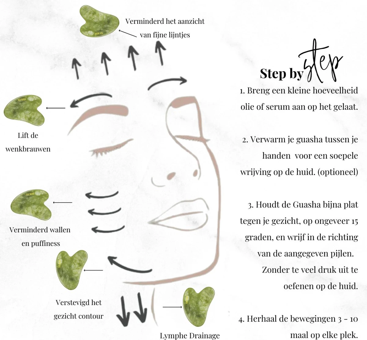 YUBBI™ Jade Gua Sha Set - Groene Jade Gezichtsroller - Schraper - Gezichtsverzorging - 4 Stuks - Inclusief Instructies 8 YUBBI™ Jade Gua Sha Set - Groene Jade Gezichtsroller - Schraper - Gezichtsverzorging - 4 Stuks - Inclusief Instructies - Afbeelding 8