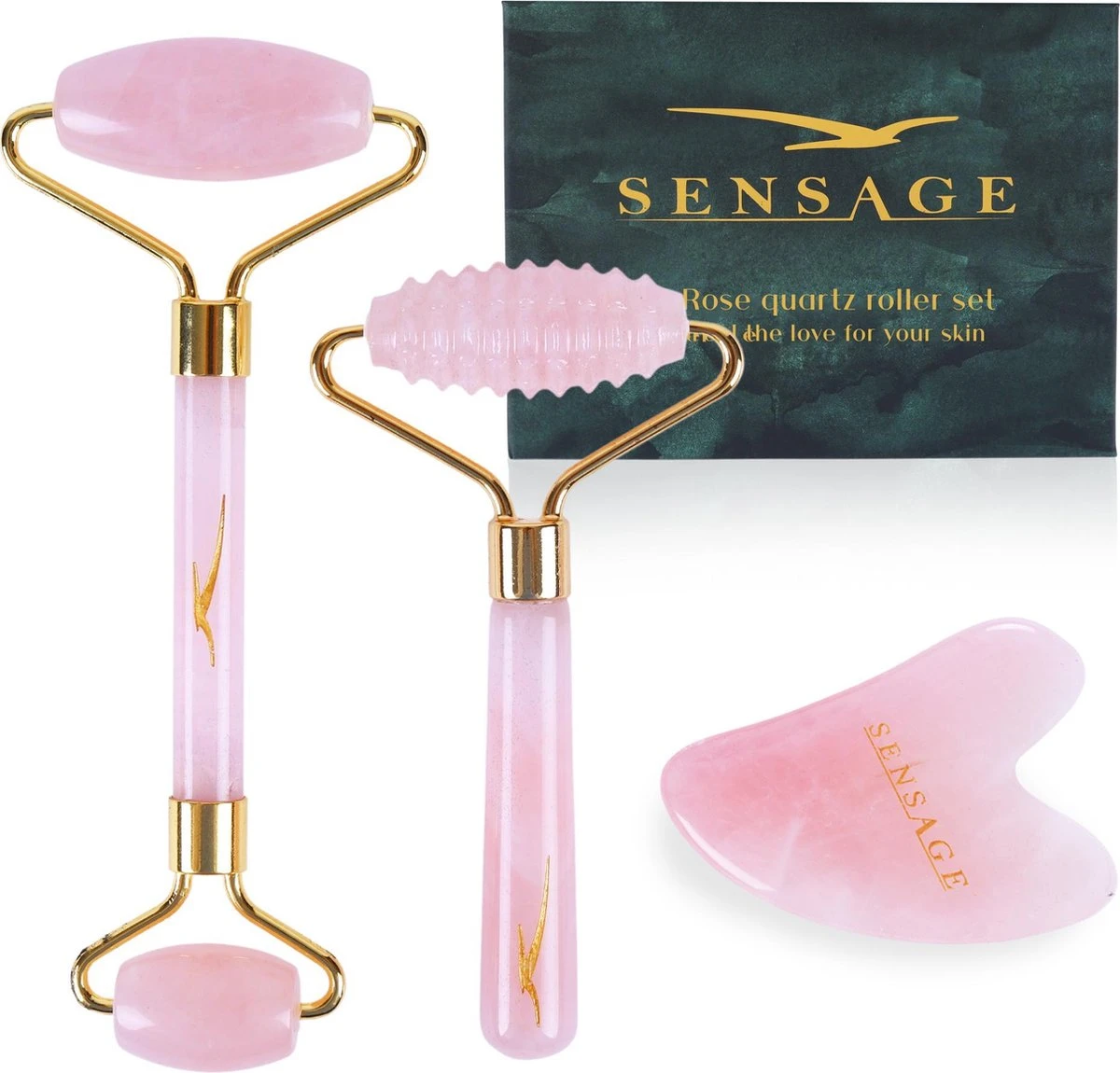 Sensage Rozenkwarts Roller Met Gua Sha Steen | Massage Jade Roller | 100% Natuurlijk Rose Quartz | Gezichtsroller | Face Roller | Roller | Gezichtsmassage | 4-delige Beauty Set 1 Sensage Rozenkwarts Roller Met Gua Sha Steen | Massage Jade Roller | 100% Natuurlijk Rose Quartz | Gezichtsroller | Face Roller | Roller | Gezichtsmassage | 4-delige Beauty Set