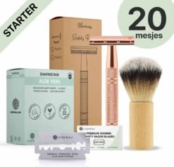 Safety Razor Starterkit Aluminium Voor Vrouw Rose Gold Goud - 20 Mesjes - Scheerkwast - Scheerzeep - Scheren Starterset