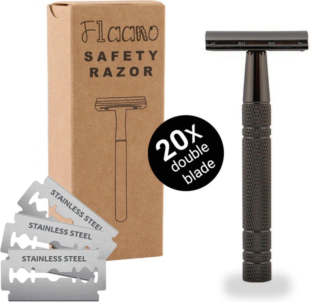 Safety Razor Scheermes + 20 Scheermesjes - Aluminium - Antraciet - Double Blade 1 Safety Razor Scheermes + 20 Scheermesjes - Aluminium - Antraciet - Double Blade