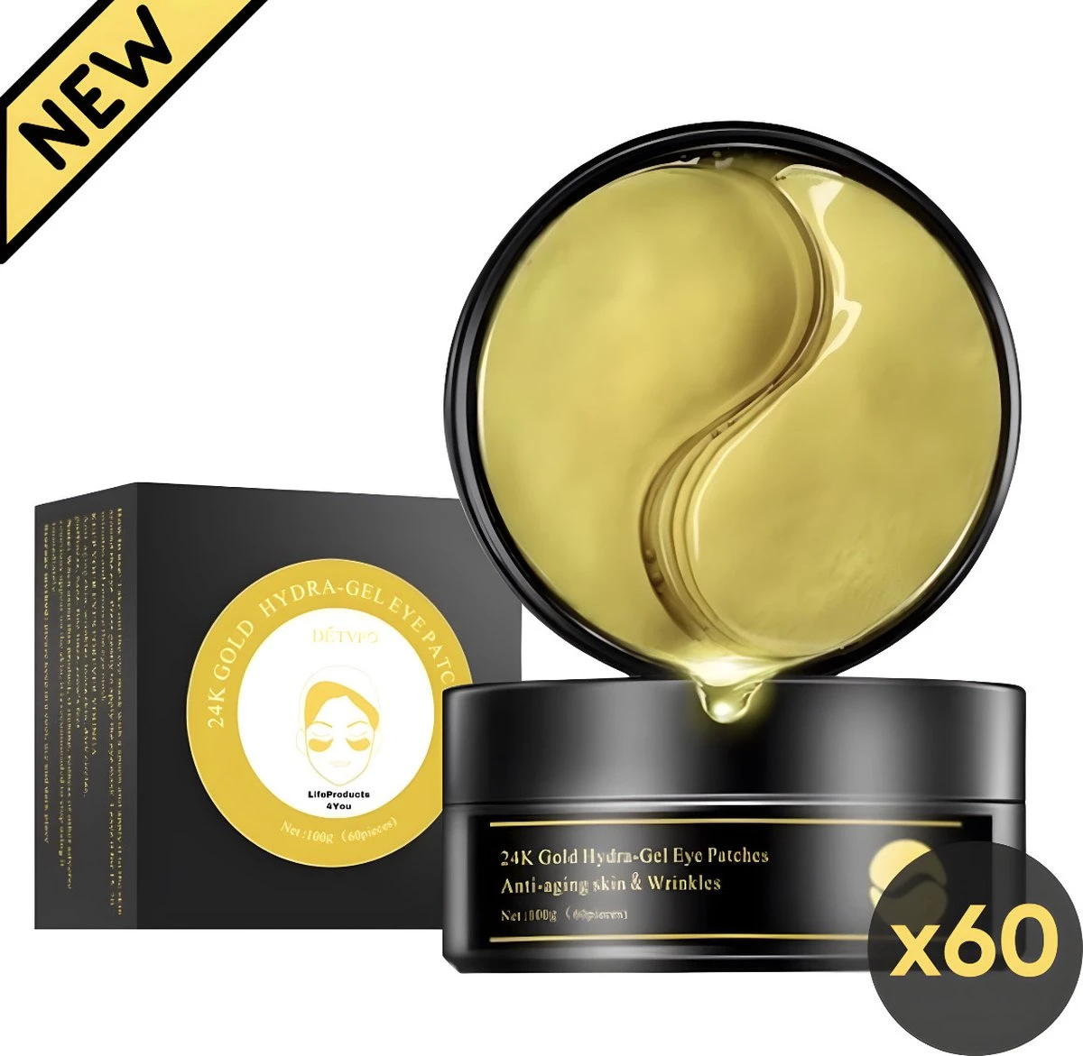 LifeProducts4You Oogmasker 60 Stuks - Eye Pads - Oogmasker Wallen - Gezichtsverzorging - Gezichtsmaskers Verzorging - Anti Wallen En Donkere Kringen - Oog Patches - 24 K Goud - Collageen 1 LifeProducts4You Oogmasker 60 Stuks - Eye Pads - Oogmasker Wallen - Gezichtsverzorging - Gezichtsmaskers Verzorging - Anti Wallen En Donkere Kringen - Oog Patches - 24 K Goud - Collageen