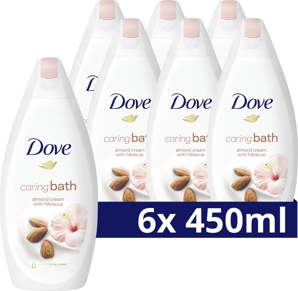 Dove Caring Bath Amandelmelk & Hibiscus Badcrème - 6 X 450 Ml - Voordeelverpakking 1 Dove Caring Bath Amandelmelk & Hibiscus Badcrème - 6 X 450 Ml - Voordeelverpakking