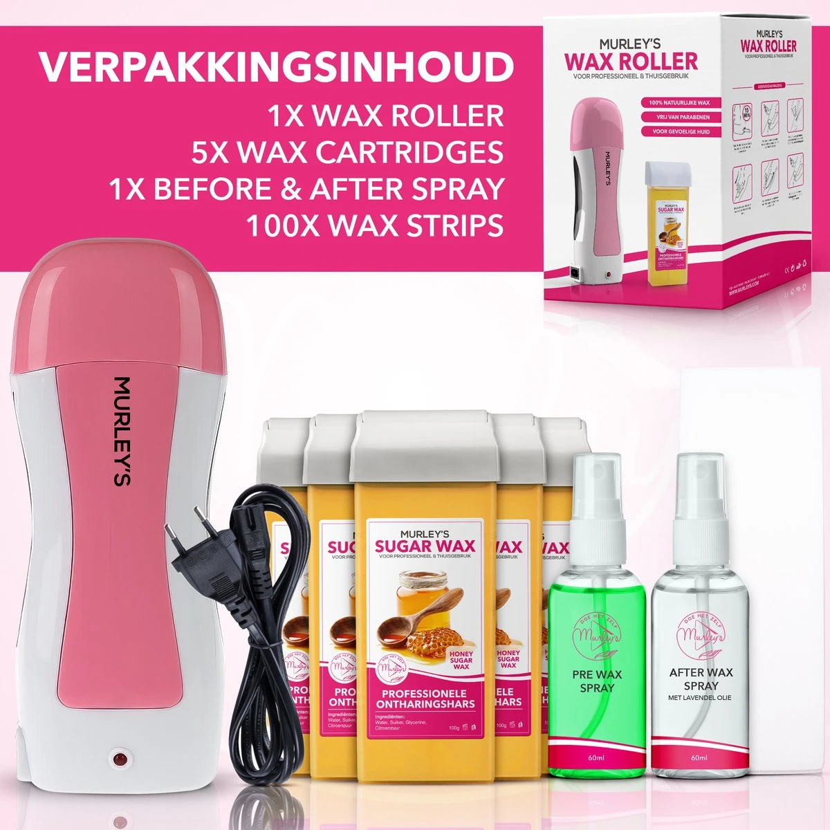 MURLEY'S Wax Apparaat Roll-On Honing Wax Ontharing Set Met 5x Cartridges + Before En After Sprays + 100 Strips- Voor Lichaam En Gezicht - Zwart 7 MURLEY'S Wax Apparaat Roll-On Honing Wax Ontharing Set Met 5x Cartridges + Before En After Sprays + 100 Strips- Voor Lichaam En Gezicht - Zwart - Afbeelding 7