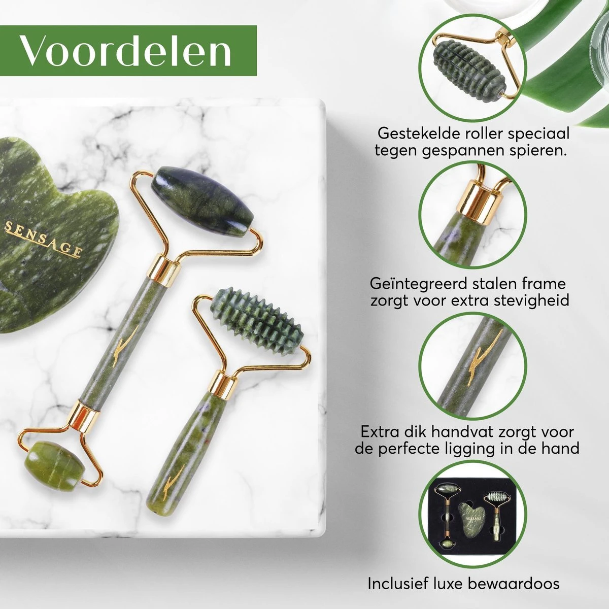 Sensage Jade Roller Met Gua Sha Steen | Massage | 100% Natuurlijk Groene Jade | Gezichtsroller | Face Roller | Roller | Gezichtsmassage | 4-delige Beauty Set 3 Sensage Jade Roller Met Gua Sha Steen | Massage | 100% Natuurlijk Groene Jade | Gezichtsroller | Face Roller | Roller | Gezichtsmassage | 4-delige Beauty Set - Afbeelding 3