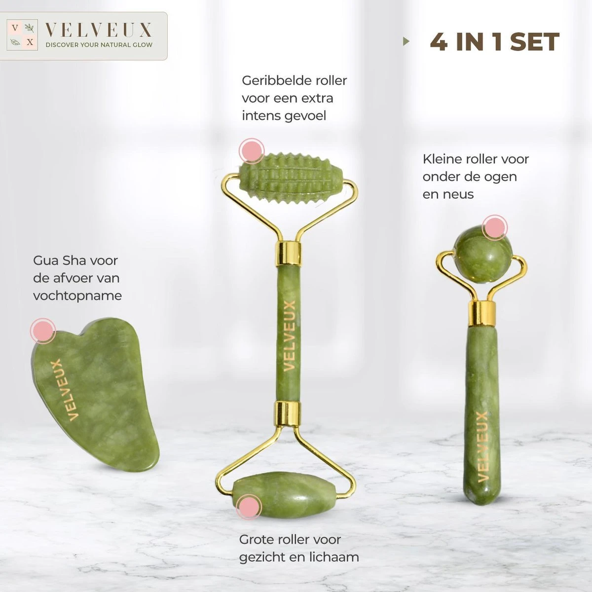 Velveux Gua Sha Jade Steen Gezichtsroller 4 Delige Set Cadeau Voor Vrouw - Geschenkset Vrouwen - Jade Roller - Gezichtsmassage - Valentijnsdag Cadeau 6 Velveux Gua Sha Jade Steen Gezichtsroller 4 Delige Set Cadeau Voor Vrouw - Geschenkset Vrouwen - Jade Roller - Gezichtsmassage - Valentijnsdag Cadeau - Afbeelding 6