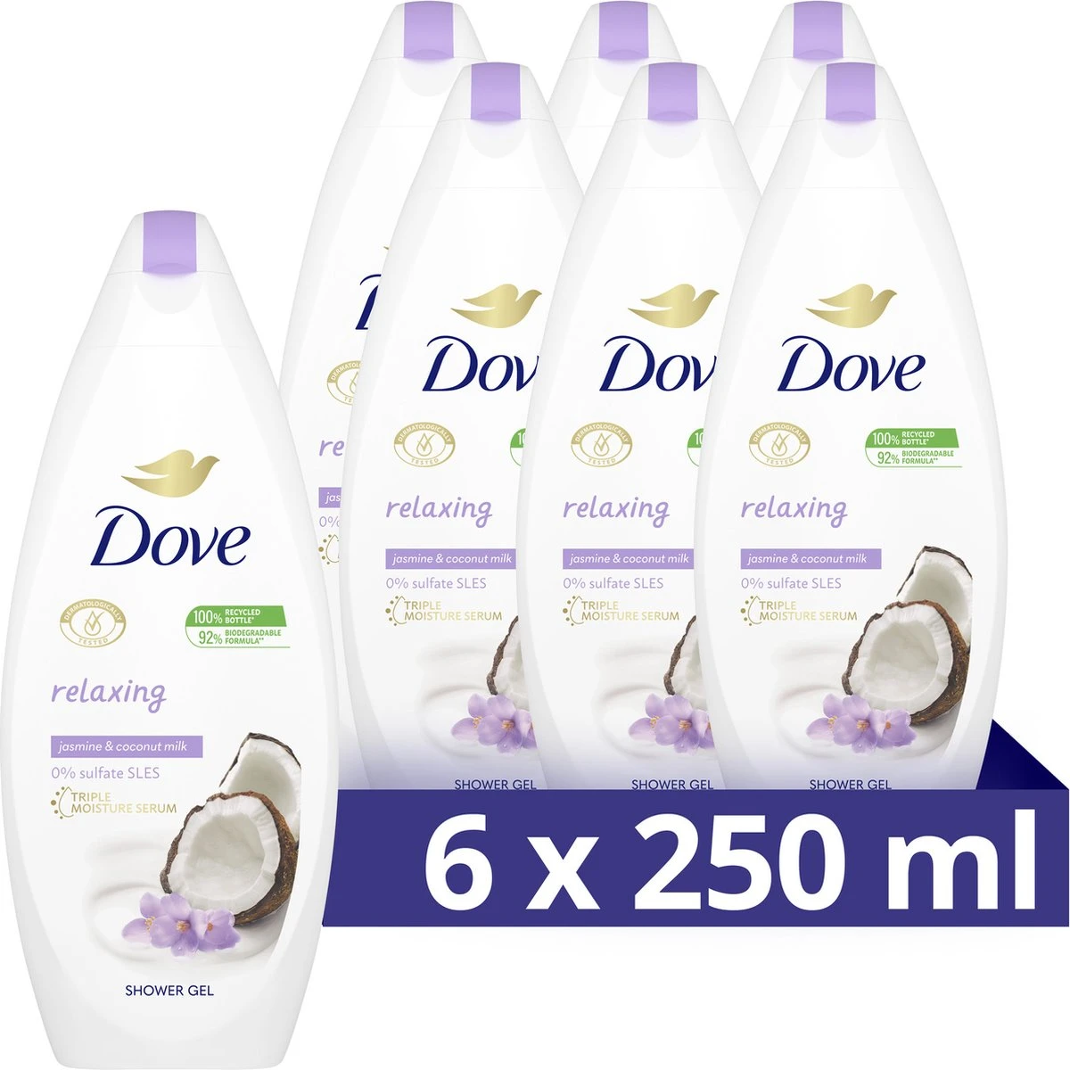Dove Kokosmelk & Jasmijnblaadjes Relaxing Douchegel - Voordeelverpakking - 6 X 250 Ml 1 Dove Kokosmelk & Jasmijnblaadjes Relaxing Douchegel - Voordeelverpakking - 6 X 250 Ml