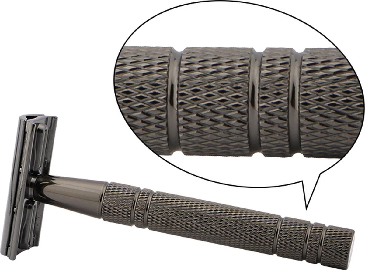 Safety Razor Scheermes + 20 Scheermesjes - Aluminium - Antraciet - Double Blade 7 Safety Razor Scheermes + 20 Scheermesjes - Aluminium - Antraciet - Double Blade - Afbeelding 7