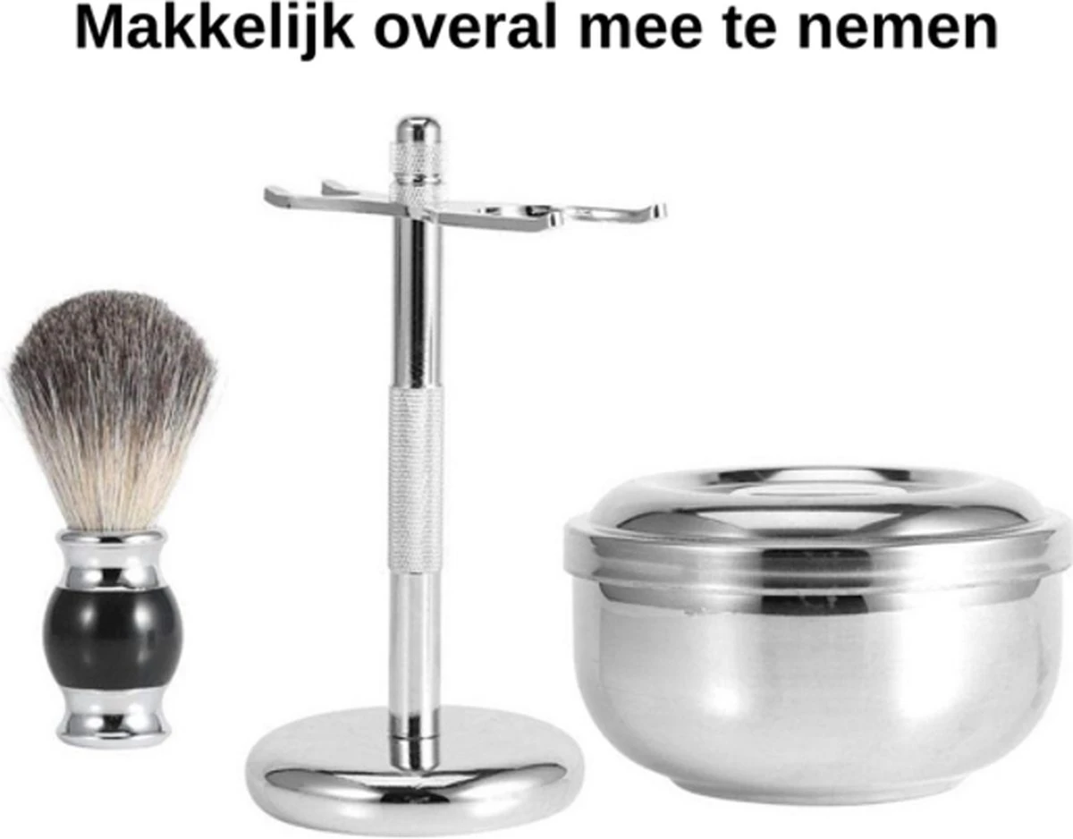 Complete Scheerset - Vaderdag Cadeau - RVS Scheerkom - Scheerkwast - Scheermeshouder - Badkamer Set - Scheerspullen 2 Complete Scheerset - Vaderdag Cadeau - RVS Scheerkom - Scheerkwast - Scheermeshouder - Badkamer Set - Scheerspullen - Afbeelding 2