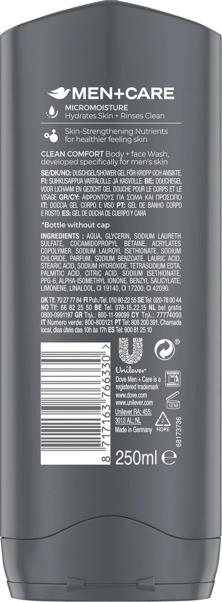 Dove Men+Care Clean Comfort Verzorgende Douchegel - 6 X 250 Ml - Voordeelverpakking 3 Dove Men+Care Clean Comfort Verzorgende Douchegel - 6 X 250 Ml - Voordeelverpakking - Afbeelding 3