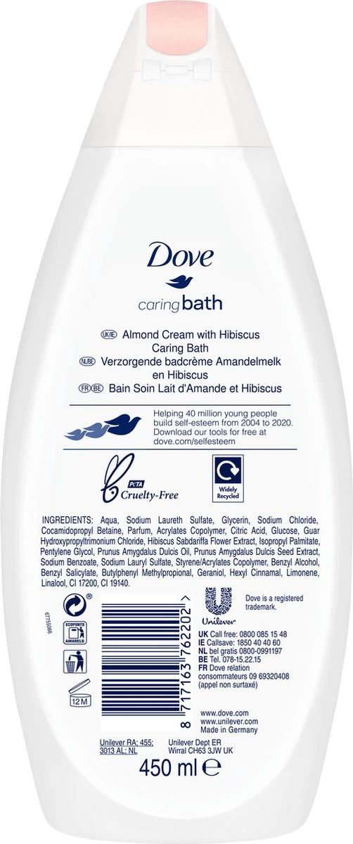 Dove Caring Bath Amandelmelk & Hibiscus Badcrème - 6 X 450 Ml - Voordeelverpakking 2 Dove Caring Bath Amandelmelk & Hibiscus Badcrème - 6 X 450 Ml - Voordeelverpakking - Afbeelding 2