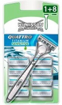 Wilkinson Sword Quattro Titanium Sensitive Scheerapparaat + 9 Scheermessen -Verzorgingsvoordeel Huis 712x1200